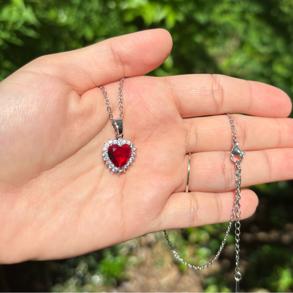 18k White Gold Plated Stainless Steel Ruby Red Heart Diamond Necklace